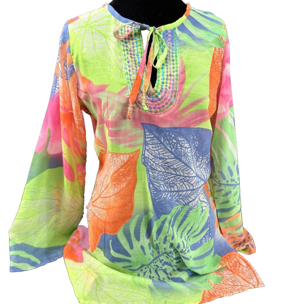Hippie Indian Cotton Sequin detail Top Fairycore Resort Beach Summer Sheer Tunic